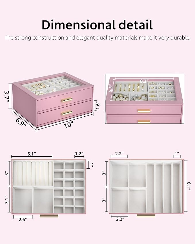 AKOZLIN Jewelry Box with Clear Lid Functional Leather Jewelry Storage Organizer Case 2 Drawers for Women Girls Necklace Ring 
