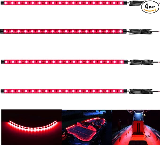 Boat Led Strip Lights, 4 Pcs 24'' Marine Boat Interior Courtesy Deck Navigation Lights, Super Bright Waterproof Marine Led Lights Strip for 12V Pontoon Fishing Boat Yacht Kayak Sailboat (Red)