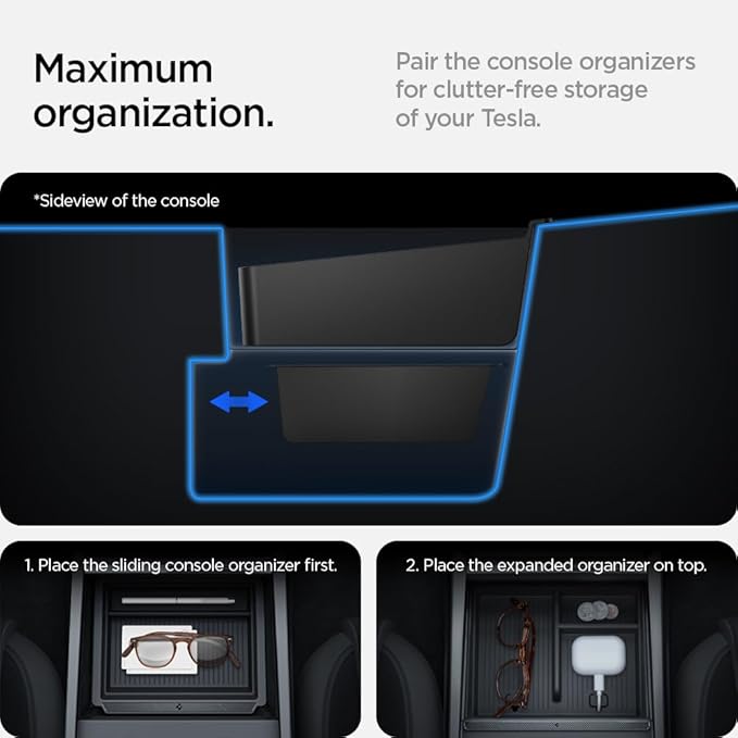 Spigen Non-Slide Center Console Organizer (Expanded Capacity) for Tesla Model Y Juniper (Only Premium & Performance 2025/26) and Model 3 Highland (Standard, Premium & Performance 2024/25/26)