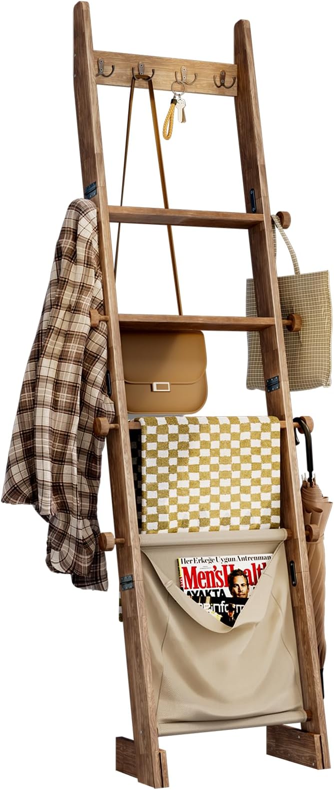 REFGY Blanket Ladder for Living Room, 5-Tier Wooden Blanket Ladder, 5.3Ft Wall Leaning Quilt Ladder for Bedroom, Rustic Decor