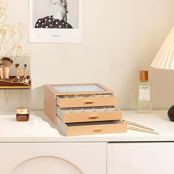 Jewelry Box with Glass Lid, 3-Layer Jewelry Organizer for Women Girls, PU Leather Display Case with 20-Grid Earring Tray & Mo