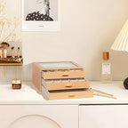 Jewelry Box with Glass Lid, 3-Layer Jewelry Organizer for Women Girls, PU Leather Display Case with 20-Grid Earring Tray & Mo
