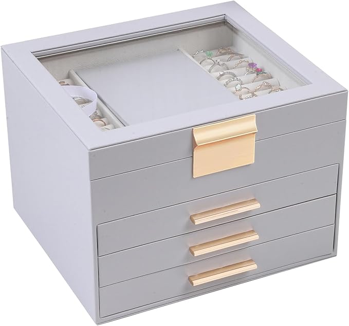 BOOVO Clear Lid Jewelry Box,4 Layers Jewelry Organizer Large Jewelry Storage Box with 3 Drawers,Jewelry Holder Organzier of R