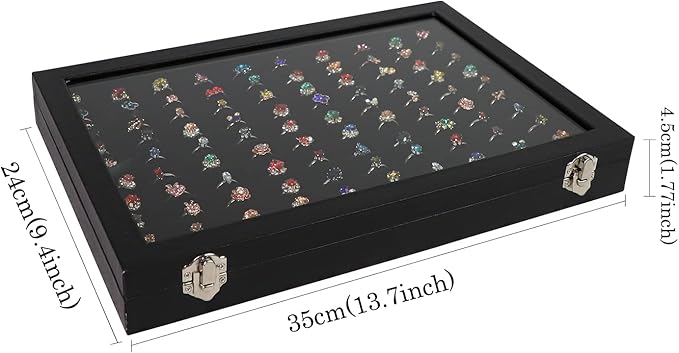 Wudygirl 100 Slot Ring Holder Display Case - Black Jewelry Organizer with Transparent Lid