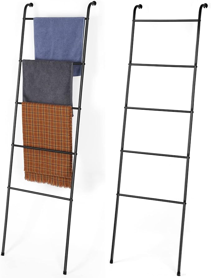 Blanket Ladder Bathroom Towel Holder Decorative Towel Rack 5 Tier Blanket Holder for Living Room Bathroom Laundry Room Black,