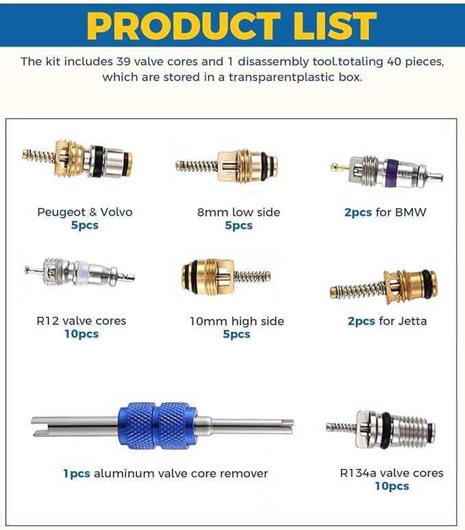 40PCS AC Schrader Valve Kit,AC Valve Core Removal Tool,Car Accessories AC Valve Core Kit,AC Schrader Valve Removal Tool,Autom