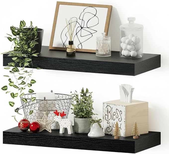 Vivelove Black Bathroom Shelves Over Toilet, 16" Floating Shelves, Wall Shelf for Bathroom Bedroom, Living Room, Kitchen, Off