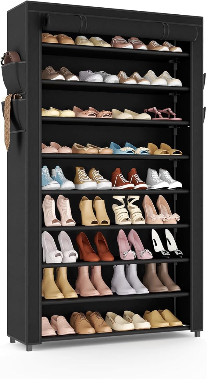 VILICK Shoe Rack with Cover Narrow Shoe Organizer with Pockets 10 Tier Tall Shoe Storage Holds 36-41 Pairs Shoes and Boots Sh