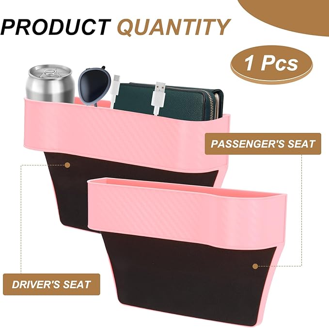 HARFINGTON Car Seat Gap Filler Organizer 10.2 x 6.5 x 2.8 Inch PP Universal Car Organizer Storage Box Between Seat and Console (Left) with Cup Holders for Phone Sunglasses Keys, Pink