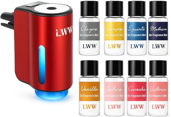 LWW Smart Car Air Freshener - 3 Levels Strength with Ventilation Clip, Rechargeable Car Fragrance Atomizer - with 8 10ml Bott