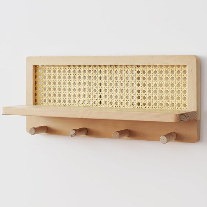 FRIADE PE Rattan Coat Rack Shelf Wall Mounted with 4 Hooks, Decorative Coat Hook Rack with Floating Shelf for Entryway, Nurse