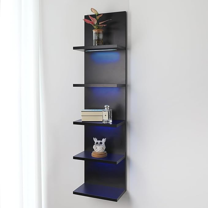 5 Tier Wall Shelf Unit, RGB Lack Shelf, Vanity Shelves with Light,Black Shelves for Room,Office,Bathroom,Remote Control