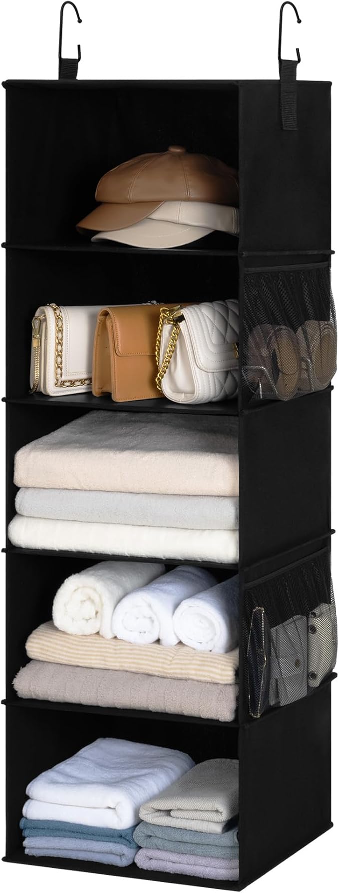 StorageWorks 5-Shelf Hanging Closet Organizers, Foldable Closet Storage Organizer with 2 Side Pockets, Portable Hanging Shelv