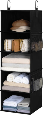 StorageWorks 5-Shelf Hanging Closet Organizers, Foldable Closet Storage Organizer with 2 Side Pockets, Portable Hanging Shelv