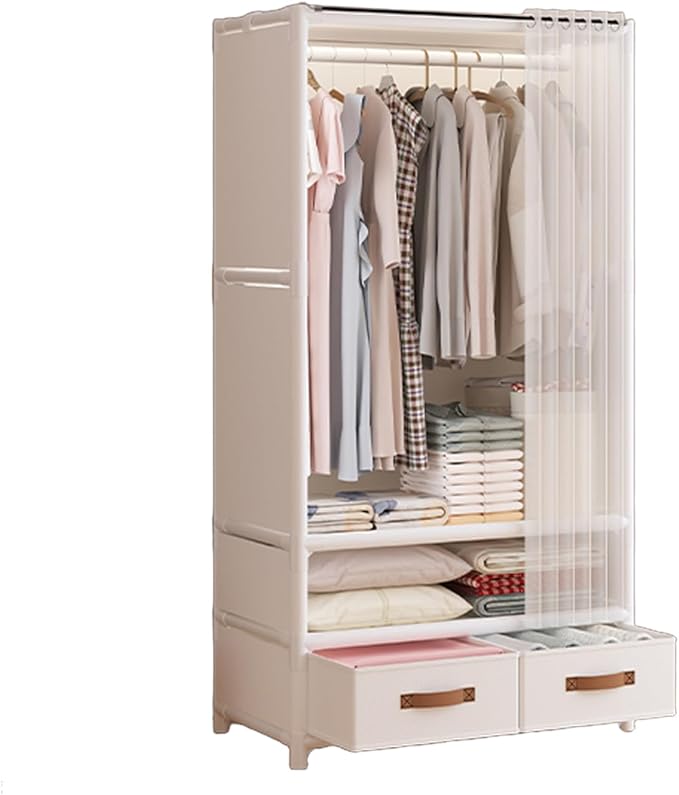 Portable Closet,Portable Closets for Hanging Clothes,Japanese Style Wardrobe Clothing Rack with 2 Drawers,1 Hanging Rods and 