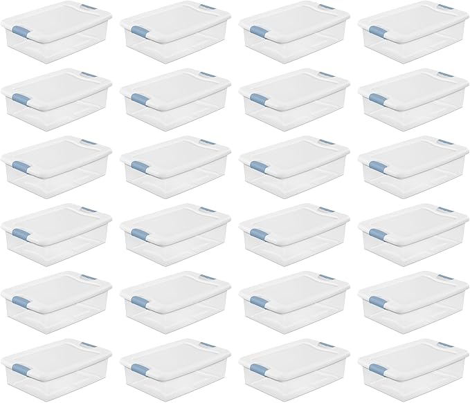 Sterilite 24-Pack Latching Box, Under Bed Storage Bins with Lids, Clear Plastic, 32 Quart - Heavy-Duty Organizing Containers 