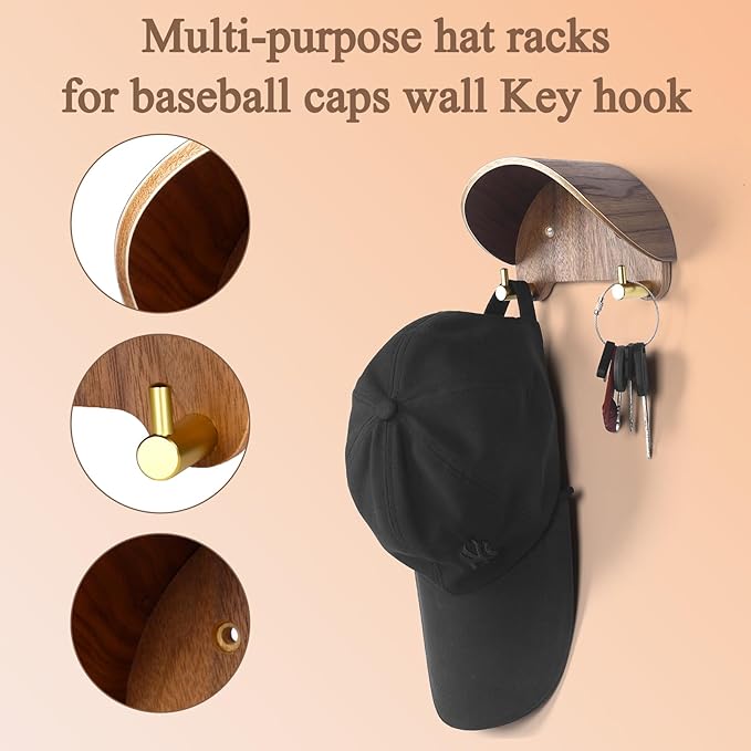 2 Pack Cowboy Hat Rack, Wooden Satin Finish Hat Holder on Wall,Non-Damage Brim Design, Hat Hooks Can Keeps Original Shape of 