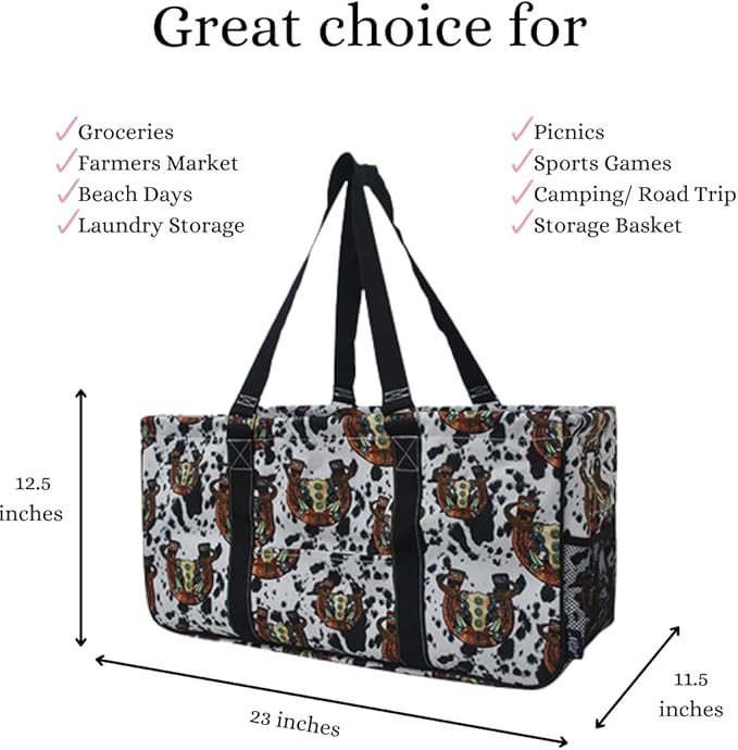 NGIL Extra Large Utility Tote Reusable Grocery Bag Oversized Collapsible for Groceries, Storage, Picnic, Beach (Horseshoe- Black)