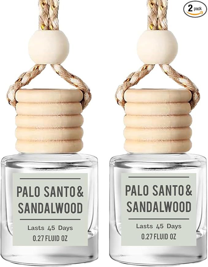 Palo Santo & Sandalwood (Santal) Hanging Car Air Freshener – Long Lasting Essential Oil Diffuser for Car, Closet, Bathroom – 