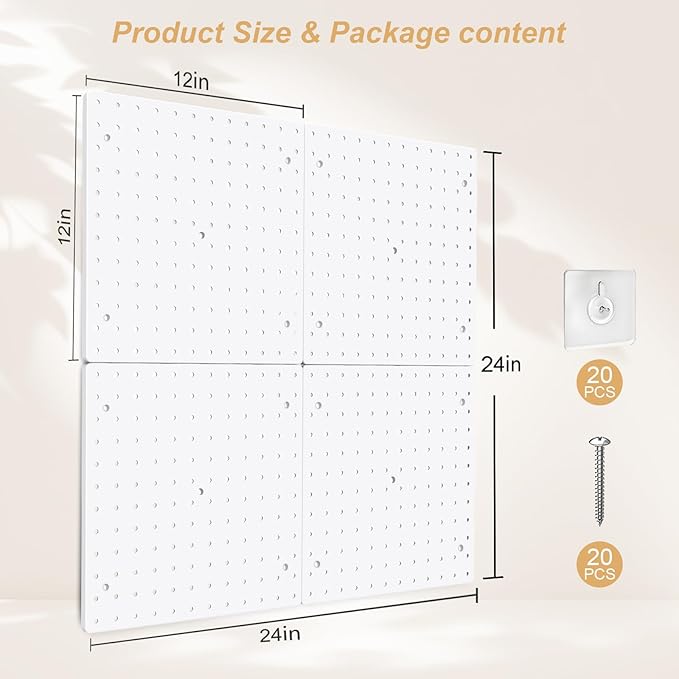 FZK Peg Board, 4 Pack Plastic Pegboard, Pegboard Wall Organizer, White ABS Pegboard, No Drilling Required, 12 * 12inch, Suita