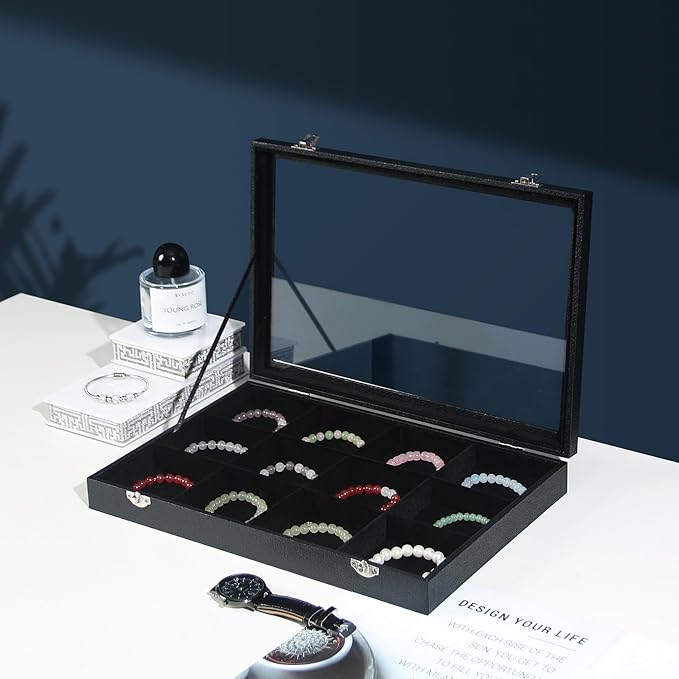 Coward Jewelry Organizer Box, Black Velvet 12 Grids Bracelet Bangle Necklace Jewelry Display Tray Case with Transparent Glass