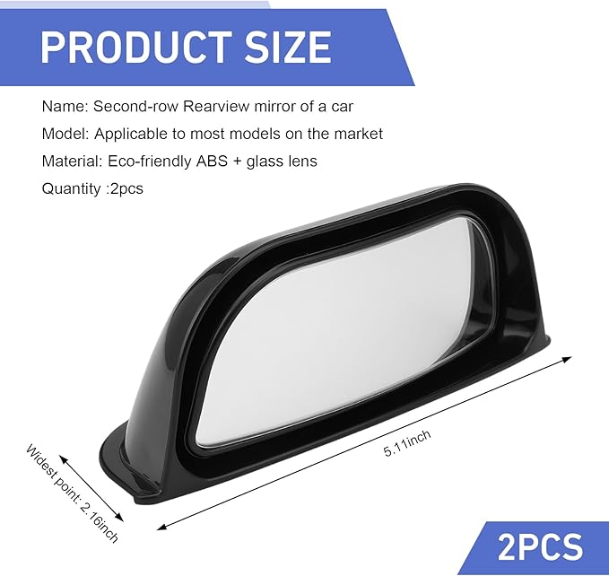 2 PCS Back Passenger Blind Spot Mirrors, 1.8" x 5" Adjustable Wide Angle B-Pillar Blind Spot Mirror, Car Side View Mirror for Get-Off Safety, Universal Accessories for Most Cars (Black)