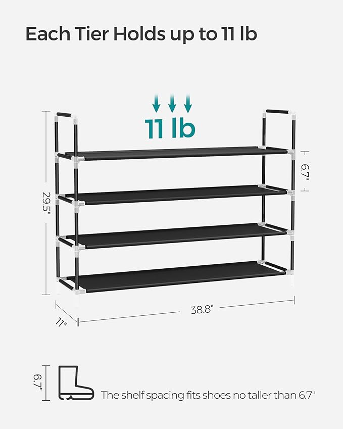 SONGMICS 4-Tier Shoe Rack, Shoe Storage for Hallway Closet, Slim and Space-Saving, Metal Frame, Non-Woven Fabric Shelves, Bla