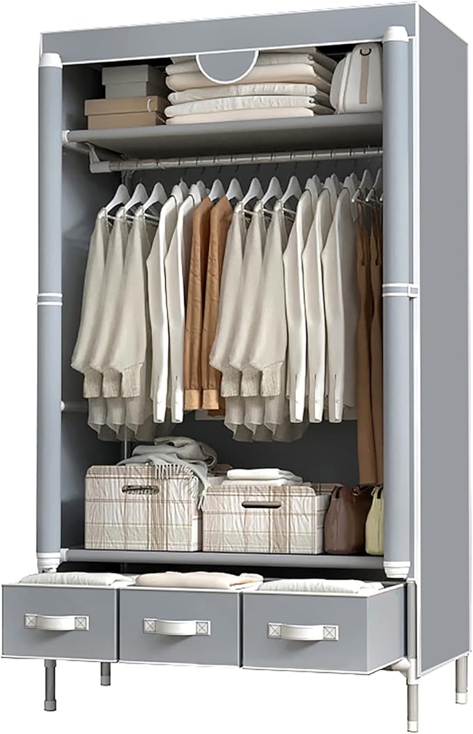 Portable Clothes Closet Rolling Door Wardrobe with Hanging Rack Non-Woven Fabric Storage Organizer with Three Drawer Boxes No