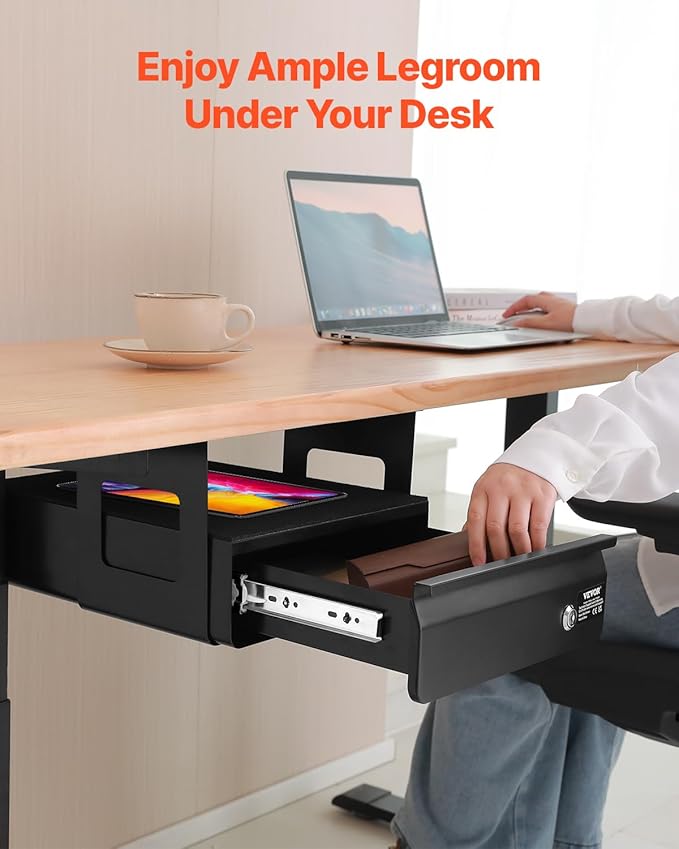 VEVOR Under Desk Lockable Slide Out Drawer, 13 inch Under Desk Pull-out Drawer for Sit Stand Workstation, Secure Under Counte