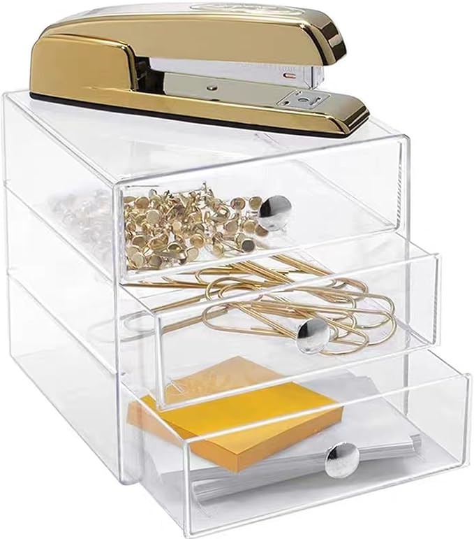 AJIODA Makeup Drawer Organizer Box with 3 Drawers, Acrylic Cosmetic Display Case Vanity Organizer Jewelry Storage Box Stackab