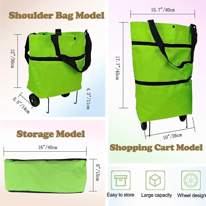 Collapsible Shopping Grocery Bag With Wheels Rolling Tote Bag With Wheels Large Reusable Shopping Bags Foldable Cart(Green,Large)