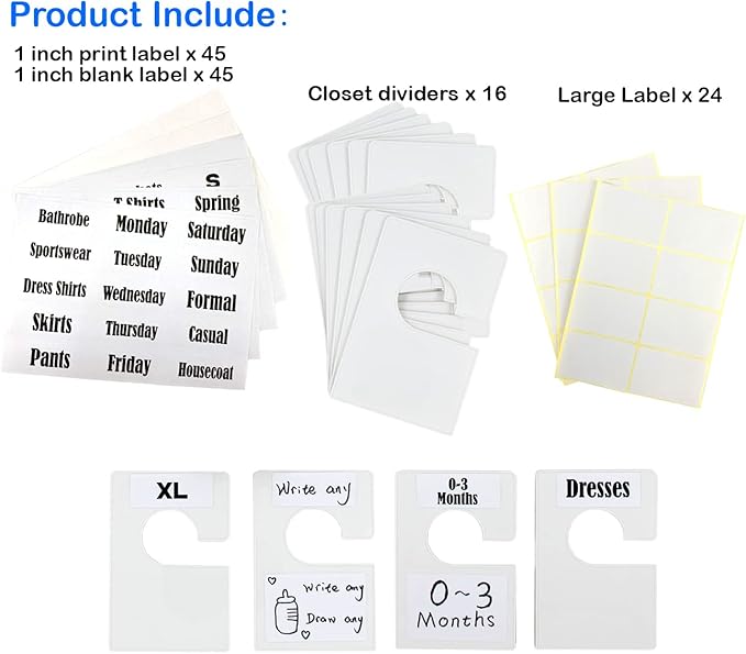 20 Pack White Clothing Rack Size Dividers Plus 90 Labels (1 Inch) and 20 Large Blank Labels, Large Rectangular Clothing Close