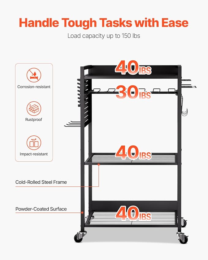VEVOR 4-Tier Tool Organizer Cart, 150 lbs Load Capacity, Floor Stand Rolling Drill Holder and Stability Storage Rack, Heavy D
