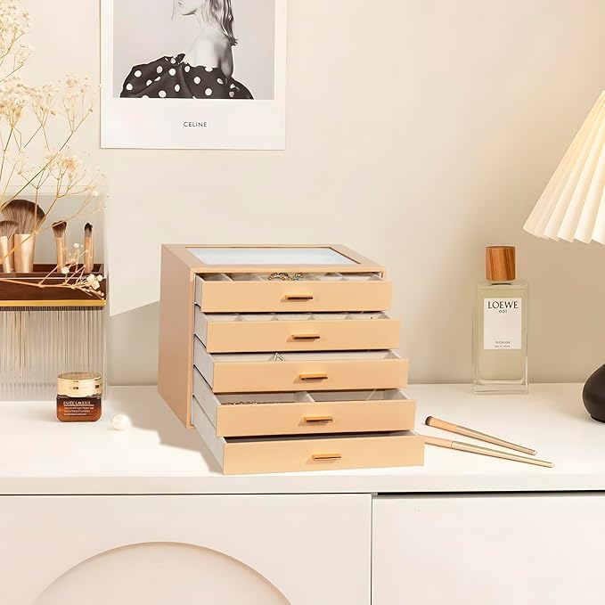 Jewelry Box with Glass Lid, 5-Layer Jewelry Organizer for Women Girls, PU Leather Display Case with 20-Grid Earring Tray & Mo
