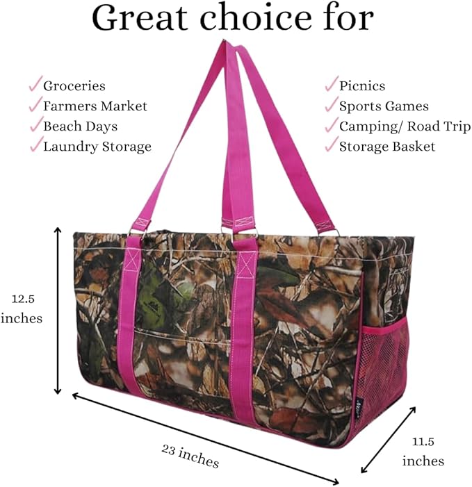 NGIL Extra Large Utility Tote Reusable Grocery Bag Oversized Collapsible for Groceries, Storage, Picnic, Beach (Camo-hot Pink)