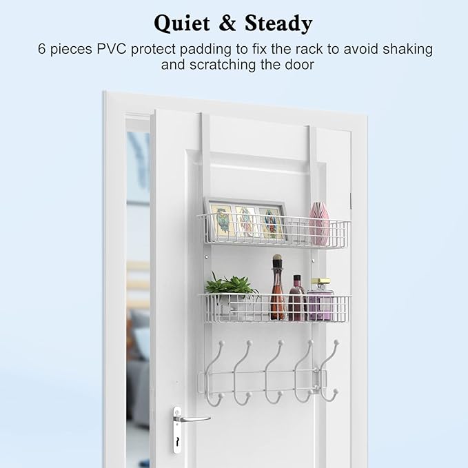 Coat Rack, Over The Door Hanger with Mesh Basket, Detachable Storage Shelf for Towels, Hats, Handbags, Coats (White-2 Baskets