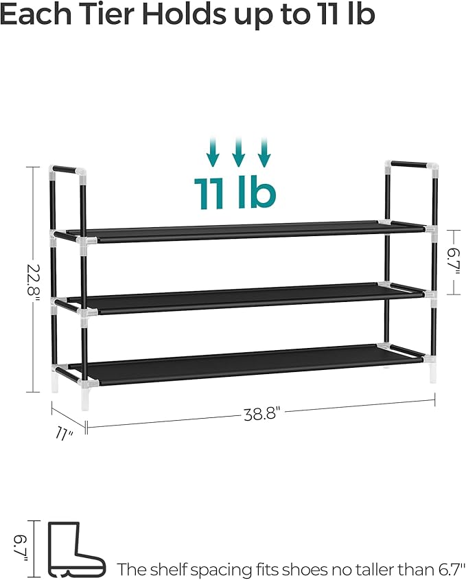 SONGMICS 3-Tier Shoe Rack, Shoe Storage for Hallway Closet, Slim and Space-Saving, Metal Frame, Non-Woven Fabric Shelves, Bla