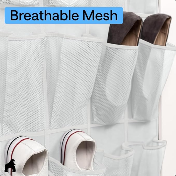 GORILLA GRIP Over the Door Shoe Organizer, 2 Pack, 24 Breathable Mesh Pockets, Space Saving Hanging Storage Holder, Closet Ra