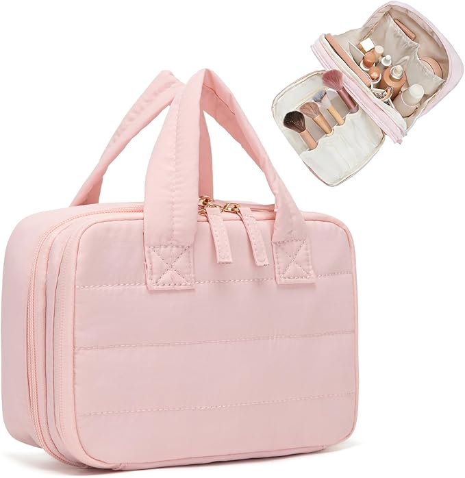 Makeup Bag, Travel Cosmetic bag, Toiletry Bag For Women, Make up Bag With Brush Storage, Hanging Toiletry Bag, Puffy Padded M