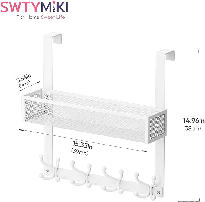 SWTYMIKI Over The Door Hook with 16 Hooks & Mesh Baskets - Heavy Duty Over The Door Organizer Hanger for Towels, Coats, Cloth