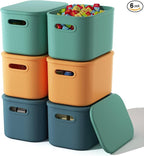 ORGIDOL 6 Pack Colorful Storage Bins with Lids Stackable Storage Container for Organizing, Storage Boxes with Handle for Shel