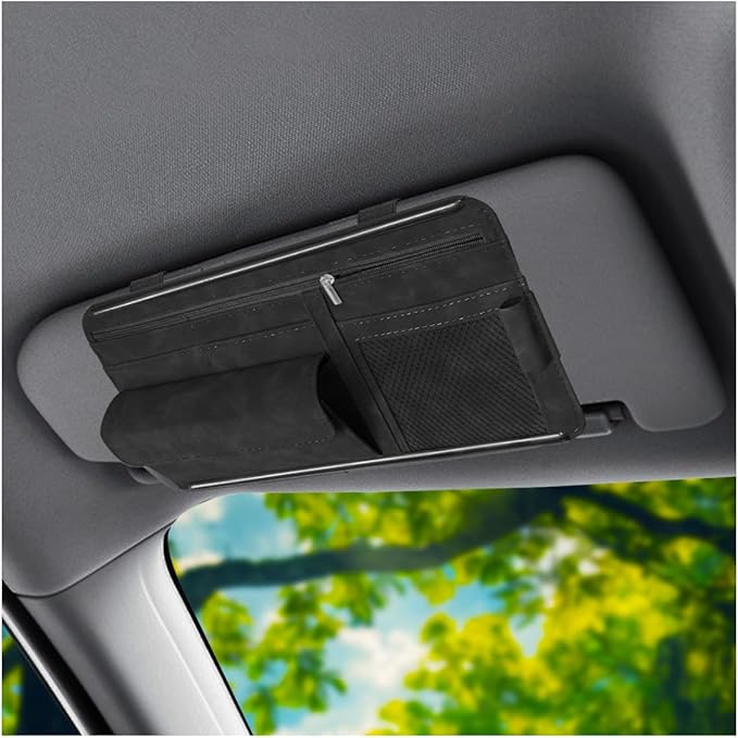 Car Sun Visor Organizer, Leather Multi-Pocket Glasses Card Holder with Zipper, Waterproof Scratch-Resistant Sunshade Storage Bag, Universal Auto Interior Accessory for Car/Truck/SUV (Black)