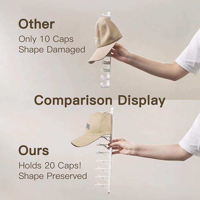 Hat Organizer for Wall, 2 Pack Adhesive Hat Rack for Baseball Caps, No Drilling or Wall Mount Cap Holder with Hooks, Over the