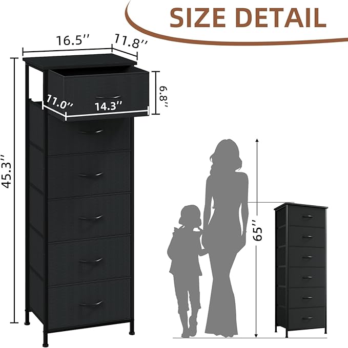 Somdot Tall Dresser for Bedroom with 6 Drawers, Storage Organizer Chest of Drawers with Removable Fabric Bins for Closet Beds