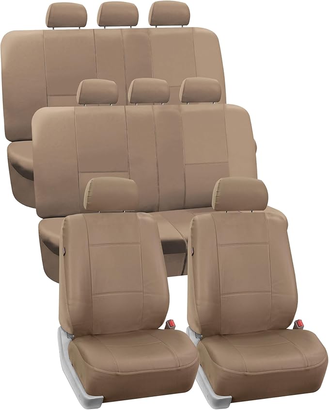FH Group Car Seat Covers PU Leather 3 Row 8 Seater Car Seat Covers, Airbag Compatible and Split Bench - Fit Most Car, Truck, 