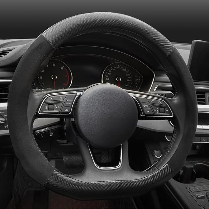 Carodi Suede Carbon Fiber Steering Wheel Cover Car Non-Slip Leather Car Interior Fitting 15-inch Universal（D-Shape,Black ）