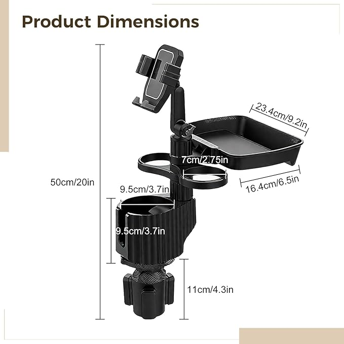 6-in-1 Car Cup Holder Expander with Tray & Phone Mount, Car Food Tray with 360° Rotation Adjustable Base, Car Cup Holder, Ide