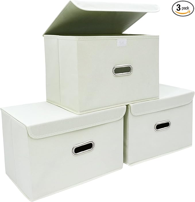 STOREONE Fabric Storage Cube Bins Foldable Organizer Container Collapsible Basket with Lids and Metal Handles, for Home, Bedr