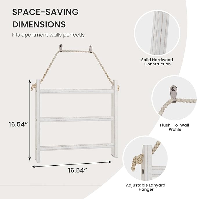 XLHOMO White Blanket Ladder Wall-Mounted, 3 Tier Wooden Rustic Mini Ladder Shelf for Living Room & Bathroom, Holder Display H
