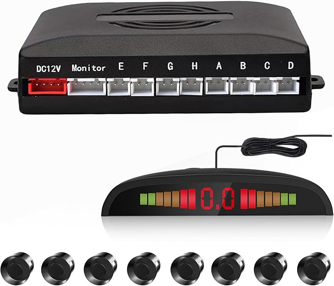 Car Reverse Parking Radar System with 8 Parking Sensors Distance Detection + LED Distance Display + Sound Warning (Black Color)